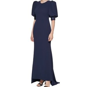Calvin Klein Navy Sequined Puff-Sleeve Gown